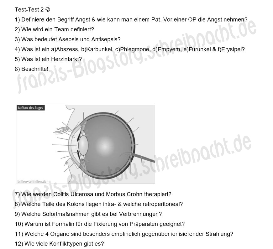 Ein Beispiel für eine eigens erstellte Prüfung zur Operationstechnischen Assistentin. Das Auge stammte von der Seite "Brillen-Sehhilfen.de".